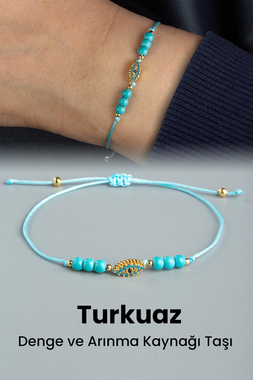Turkuaz Doğal Taş Küre Kesim 3mm Göz Motifli Makrome Bileklik