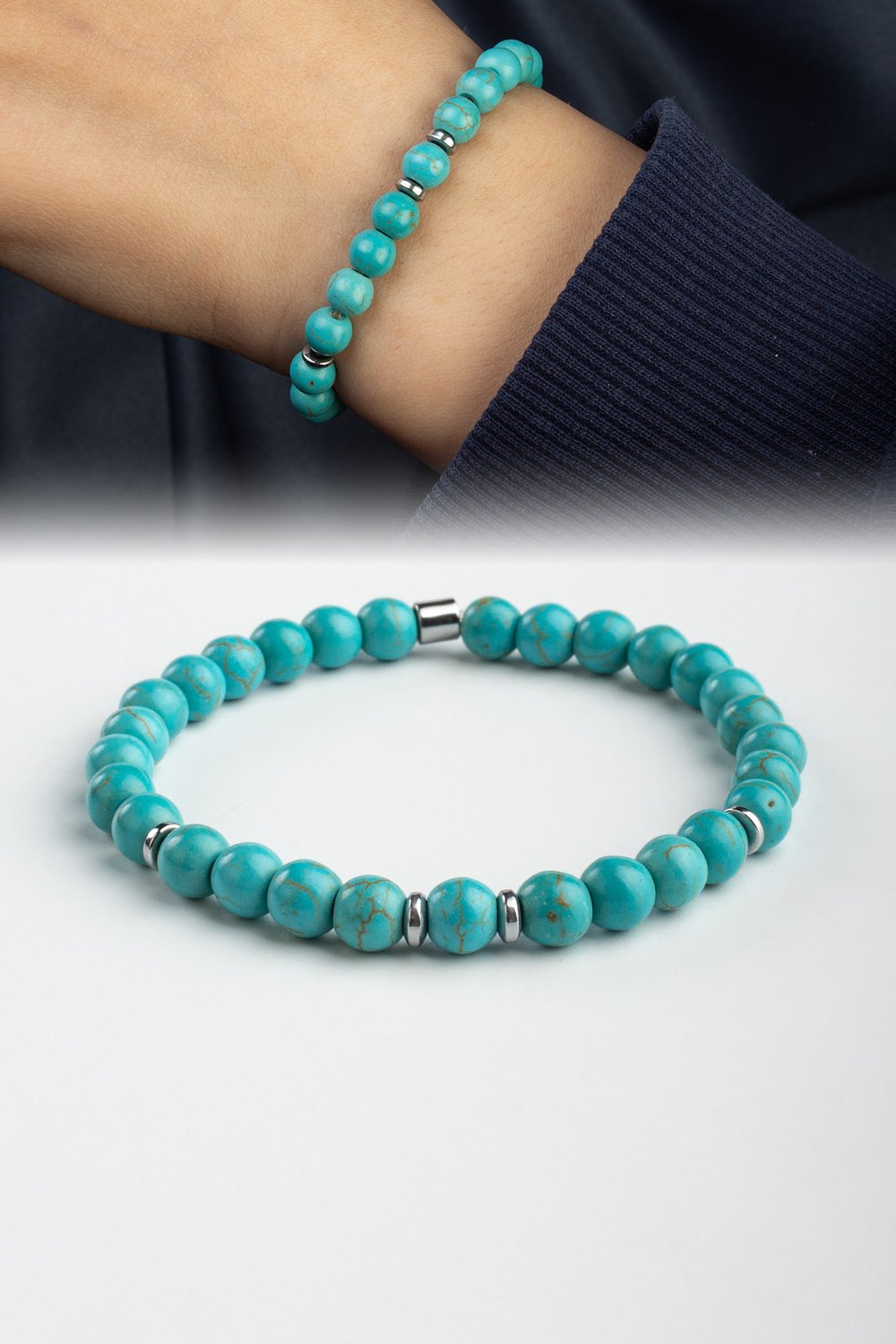 Pressed Turquoise Stone Round-Cut 6mm Bracelet
