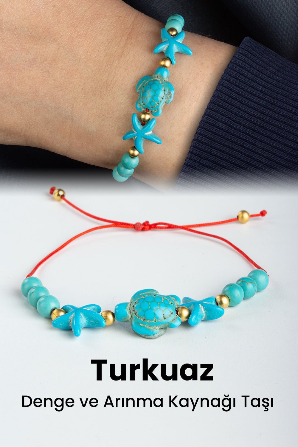 Turkuaz Doğal Taş Küre Kesim Kaplumbağa & Yıldız Taşlı Makrome Bileklik