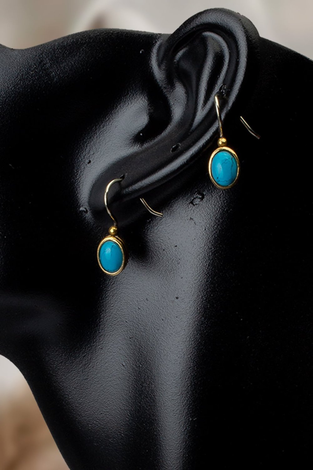 Turkuaz Doğal Taş Mini Oval Kesim Bronz Küpe