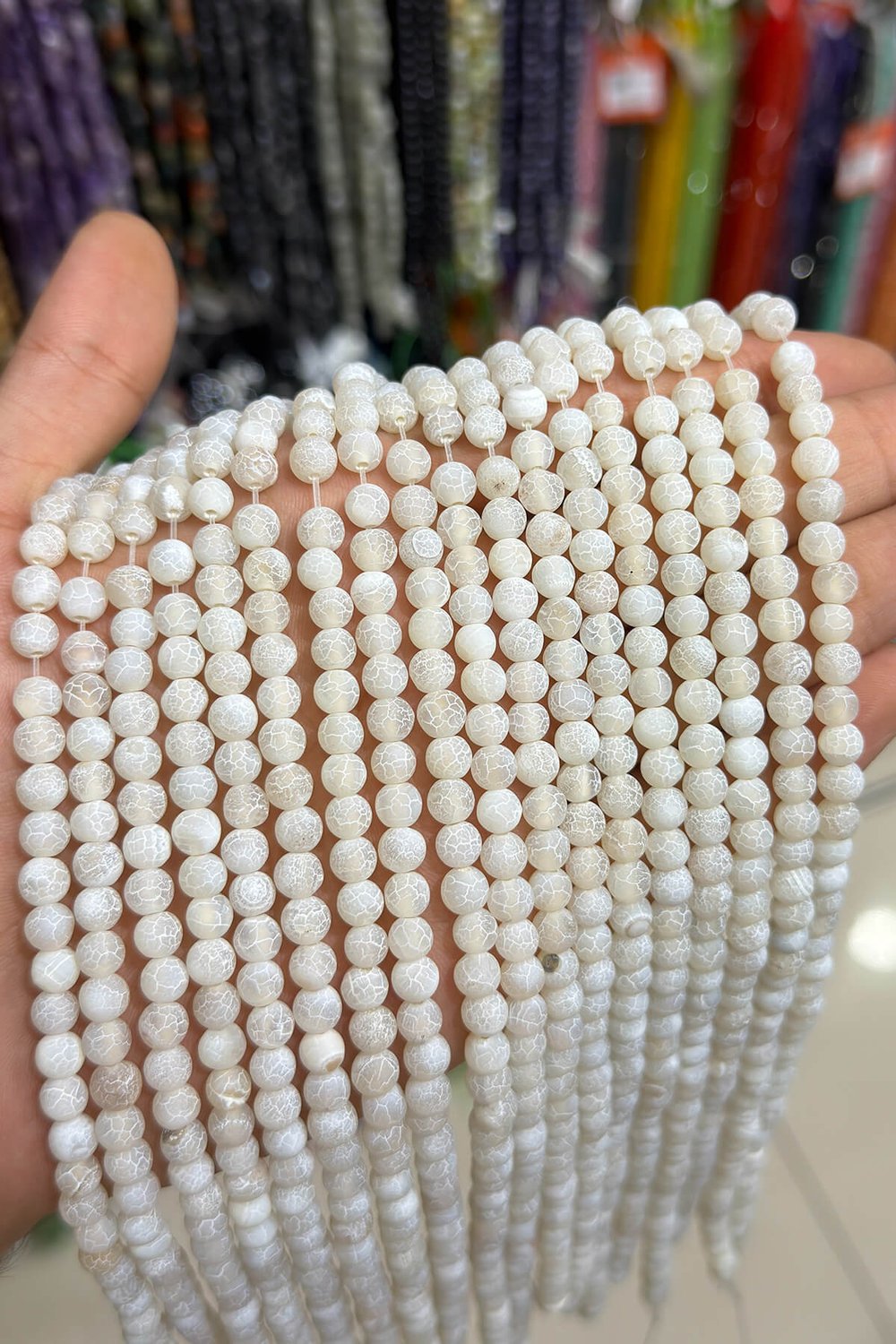 Yengeç Akik Taşı Küre Kesim Mat Beyaz 6mm Doğal Taş Dizi [AA]