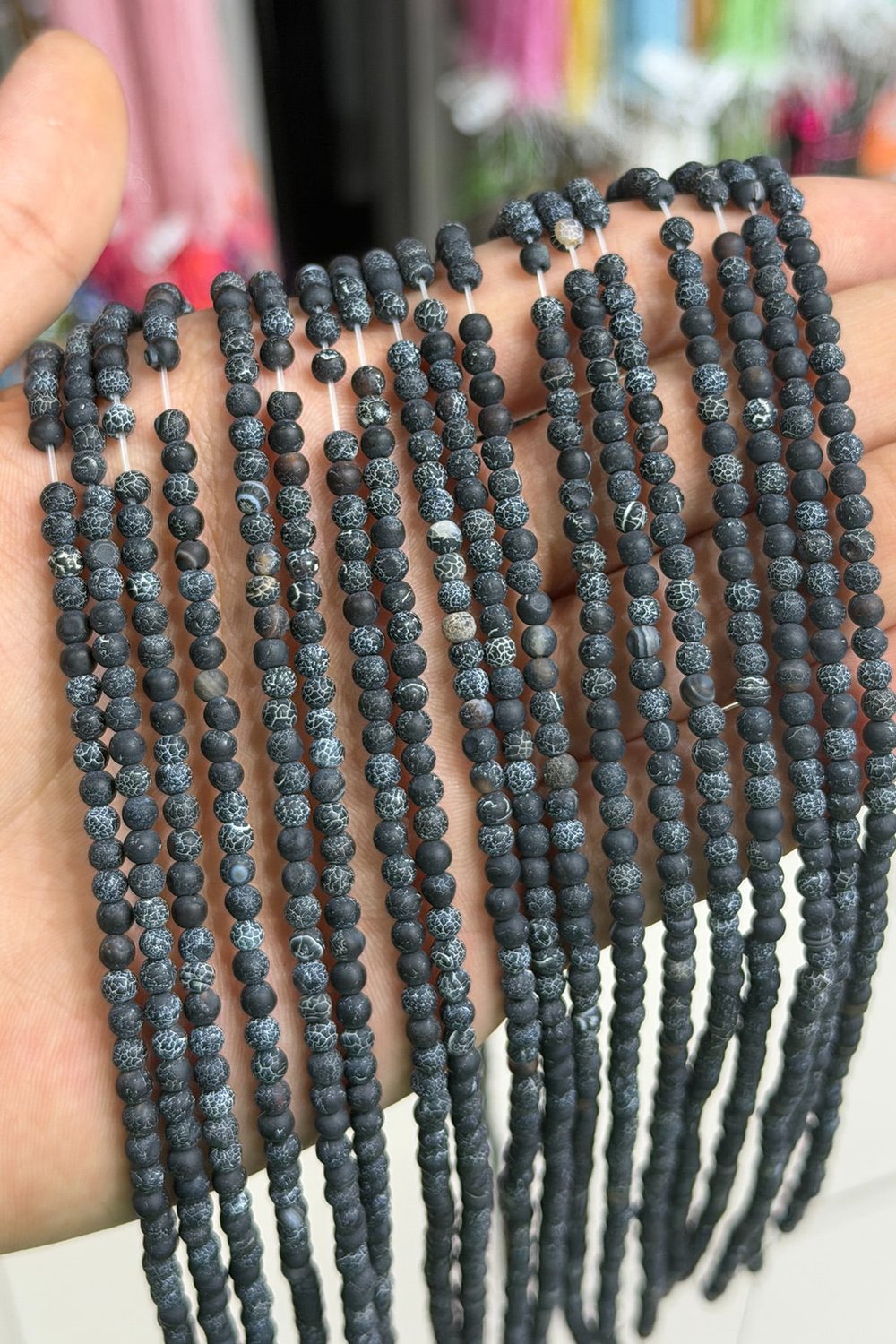 Yengeç Akik Taşı Küre Kesim Mat Siyah 4mm Doğal Taş Dizi [AA]