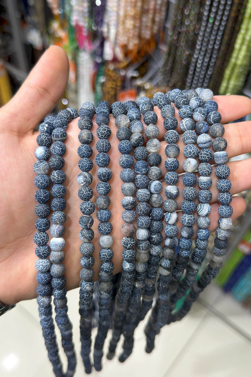 Yengeç Akik Taşı Küre Kesim Mat Siyah 8mm Doğal Taş Dizi [AA]