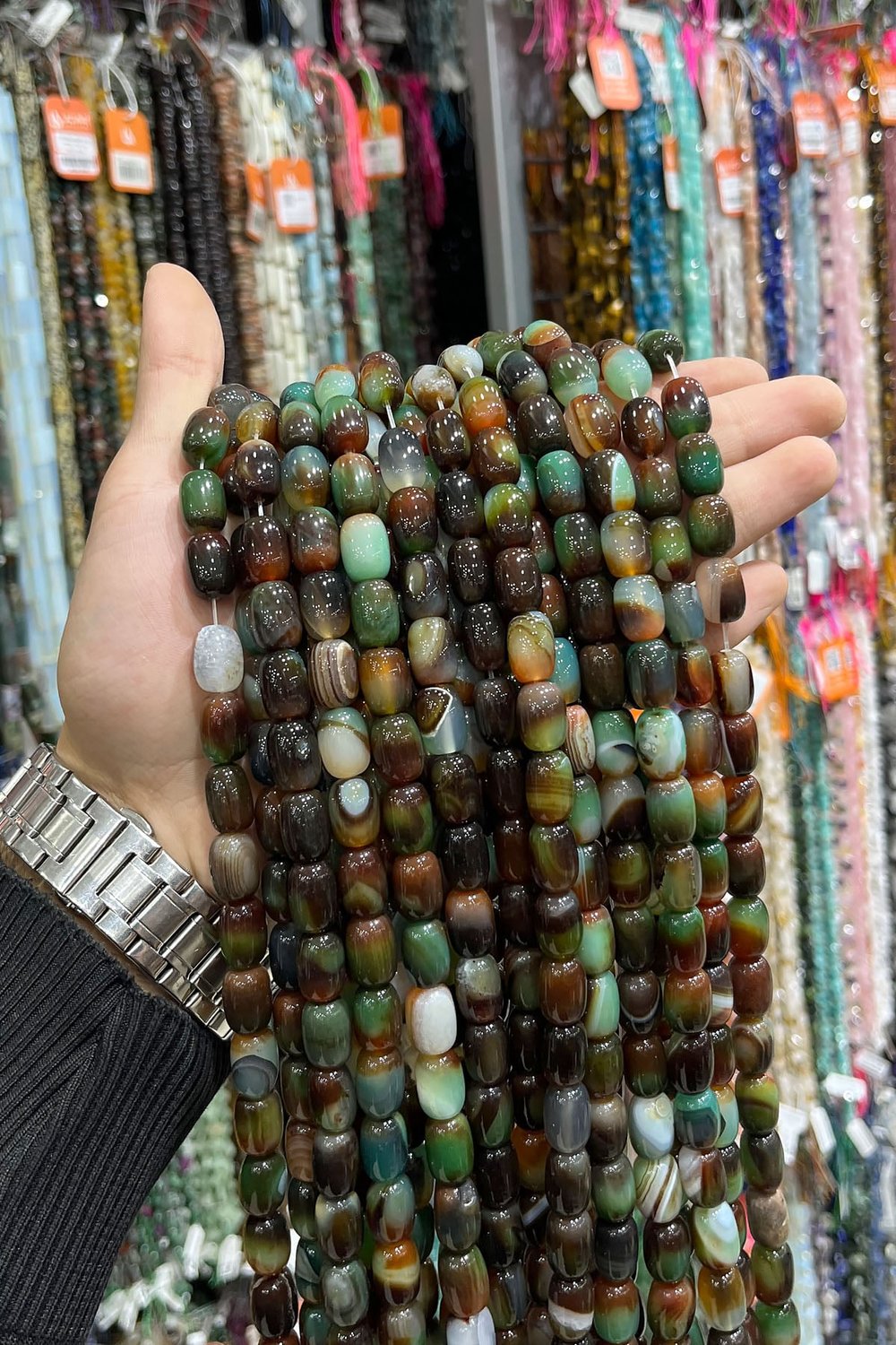 Yeşil Kahverengi Akik Taşı Silindir Kesim Yeşil Kahverengi 10x14mm Doğal Taş Dizi