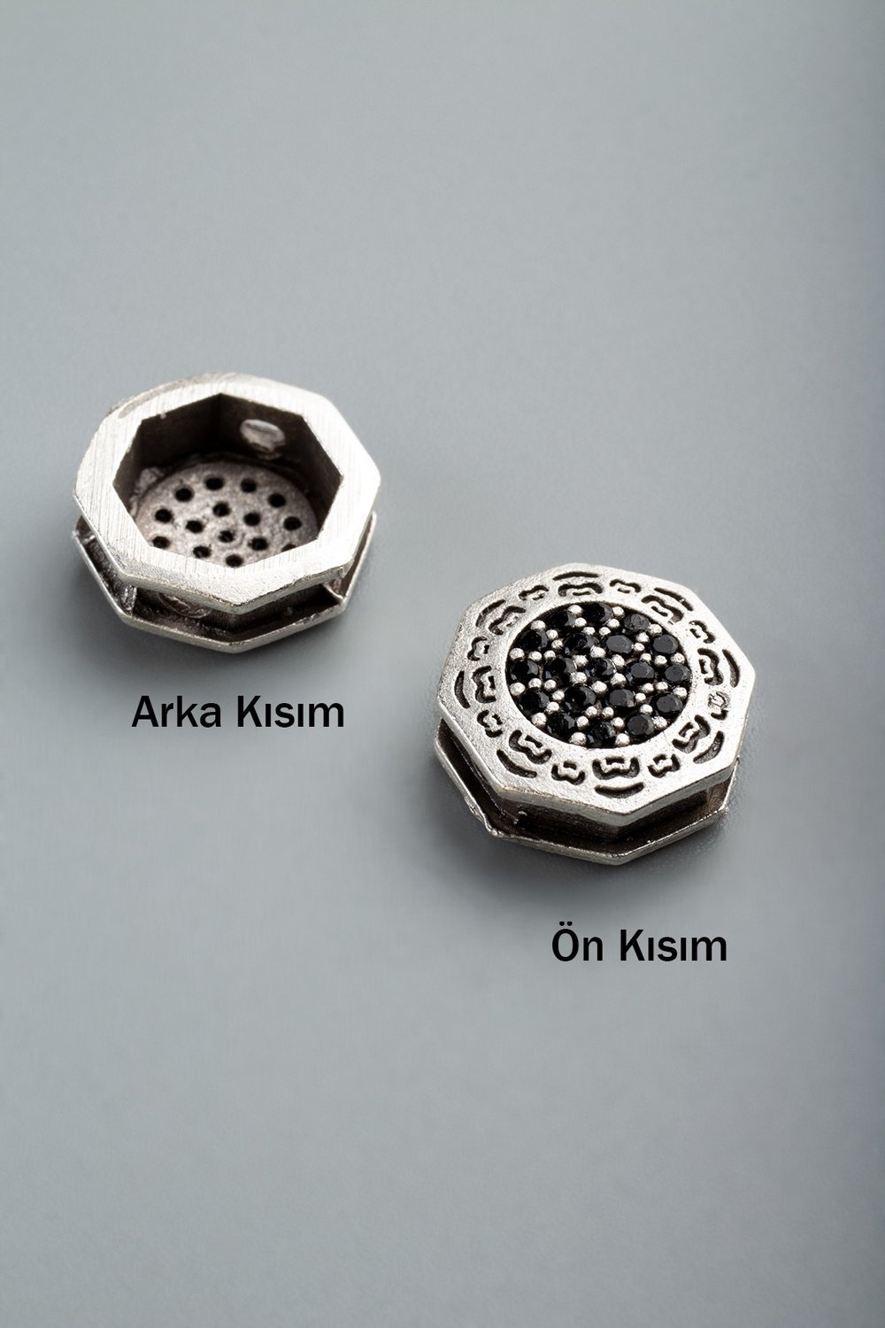 Antik Gümüş Sekizgen Zirkon Tek Delik Aparat 13 mm