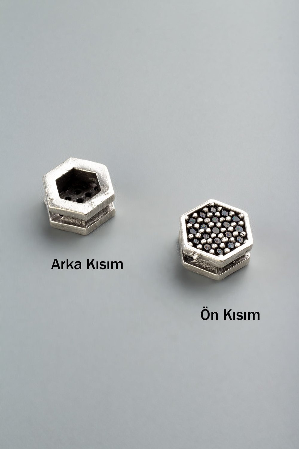 Zirkon Antik Gümüş Yassı Altıgen Tek Delik Aparat 8x8mm