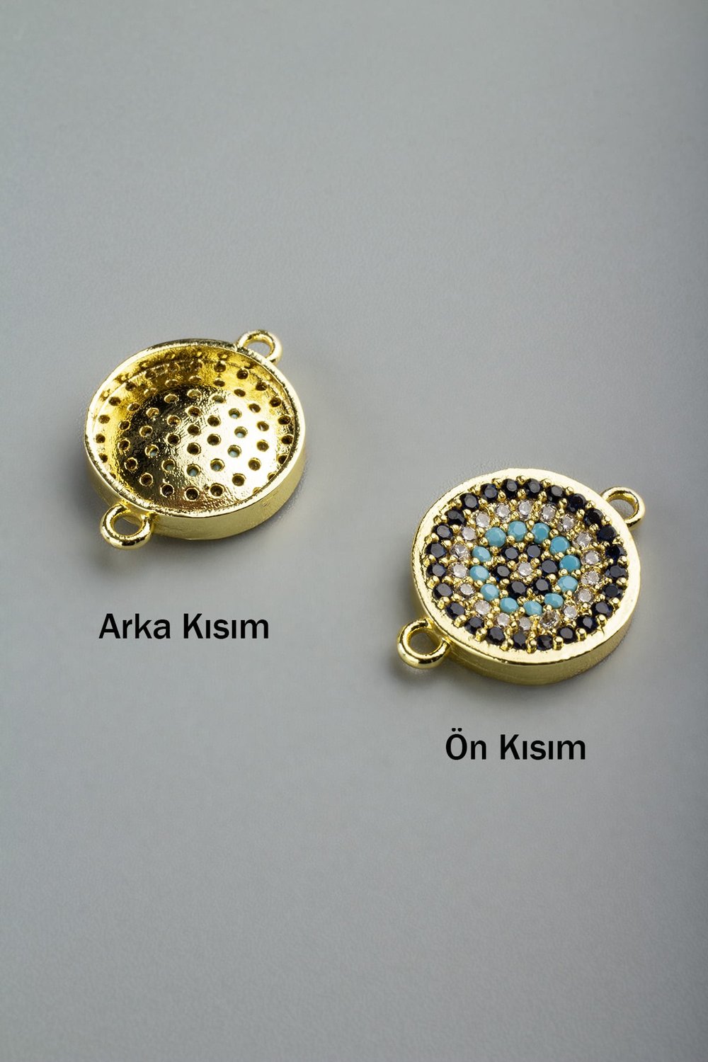 Zirkon Laci Gold Çukur Yuvarlak Nazar Turkuaz 19mm Takı Aparatı - 5 Adet