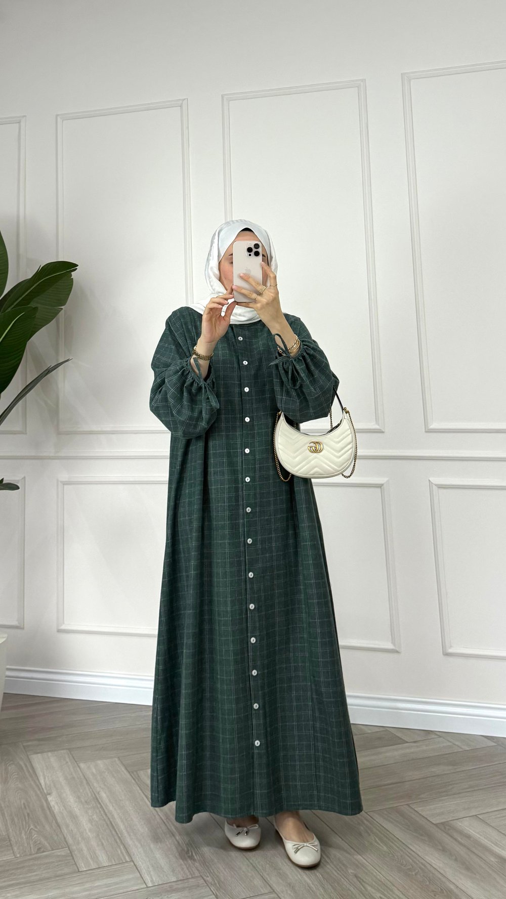 Ekose Detaylı Boydan Düğmeli Oversize Elbise | Haki