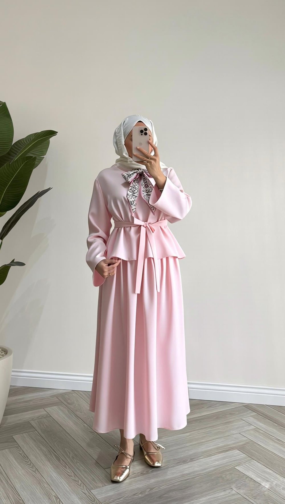 Fular Yakalı Etekli Takım | Pembe