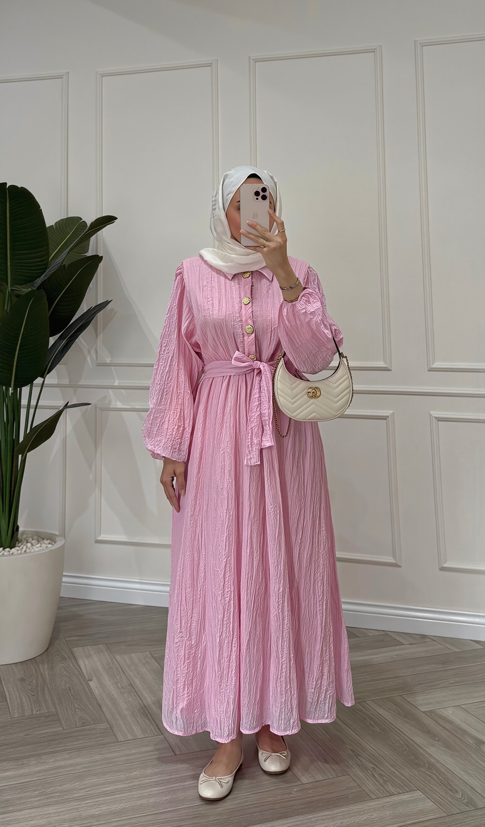 Kraşlı Gold Düğme Detaylı Elbise | Pembe
