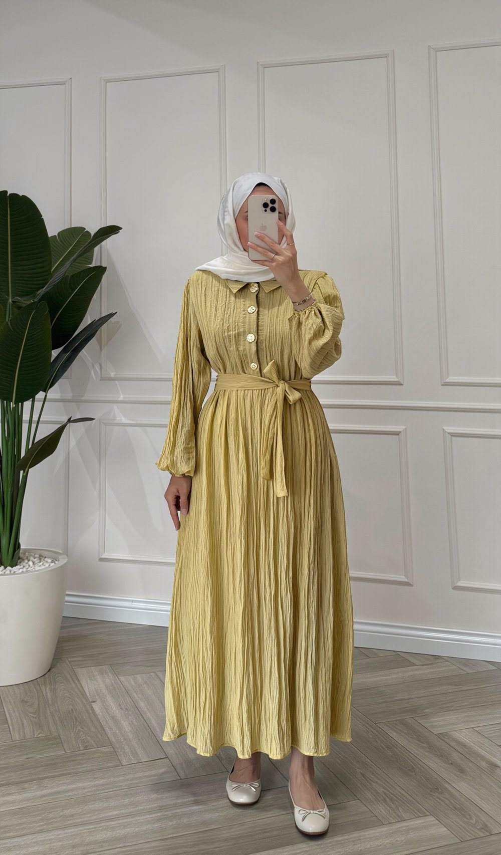 Kraşlı Gold Düğme Detaylı Elbise | Yağ Yeşili