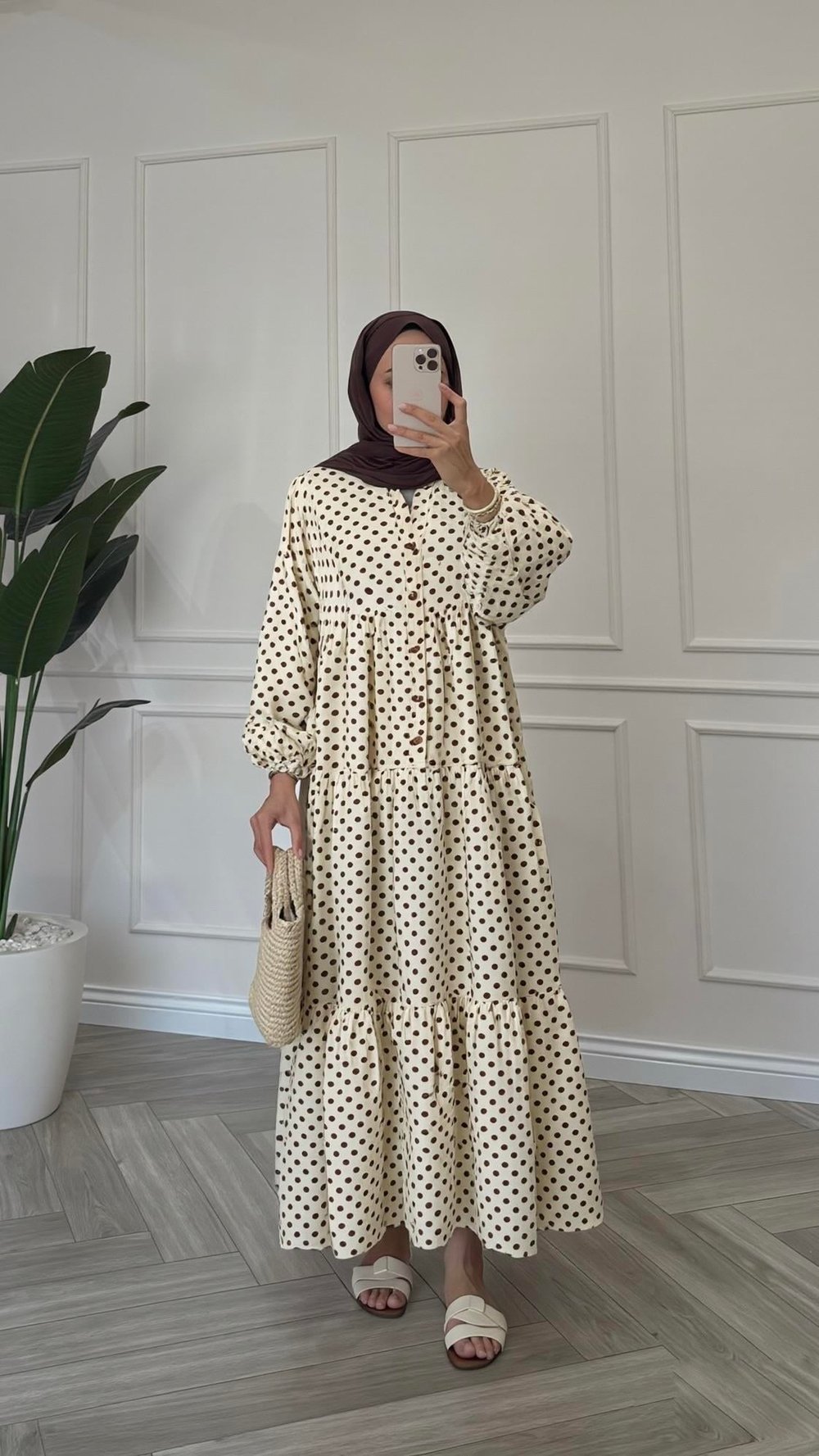 Puantiye Desenli Elbise | Krem