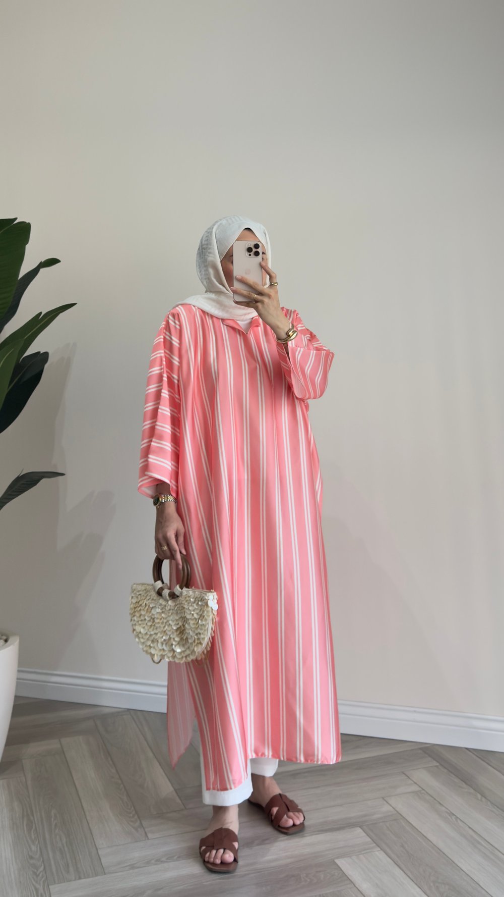 Yırtmaçlı Çizgili Tunik | Ekru - Pembe