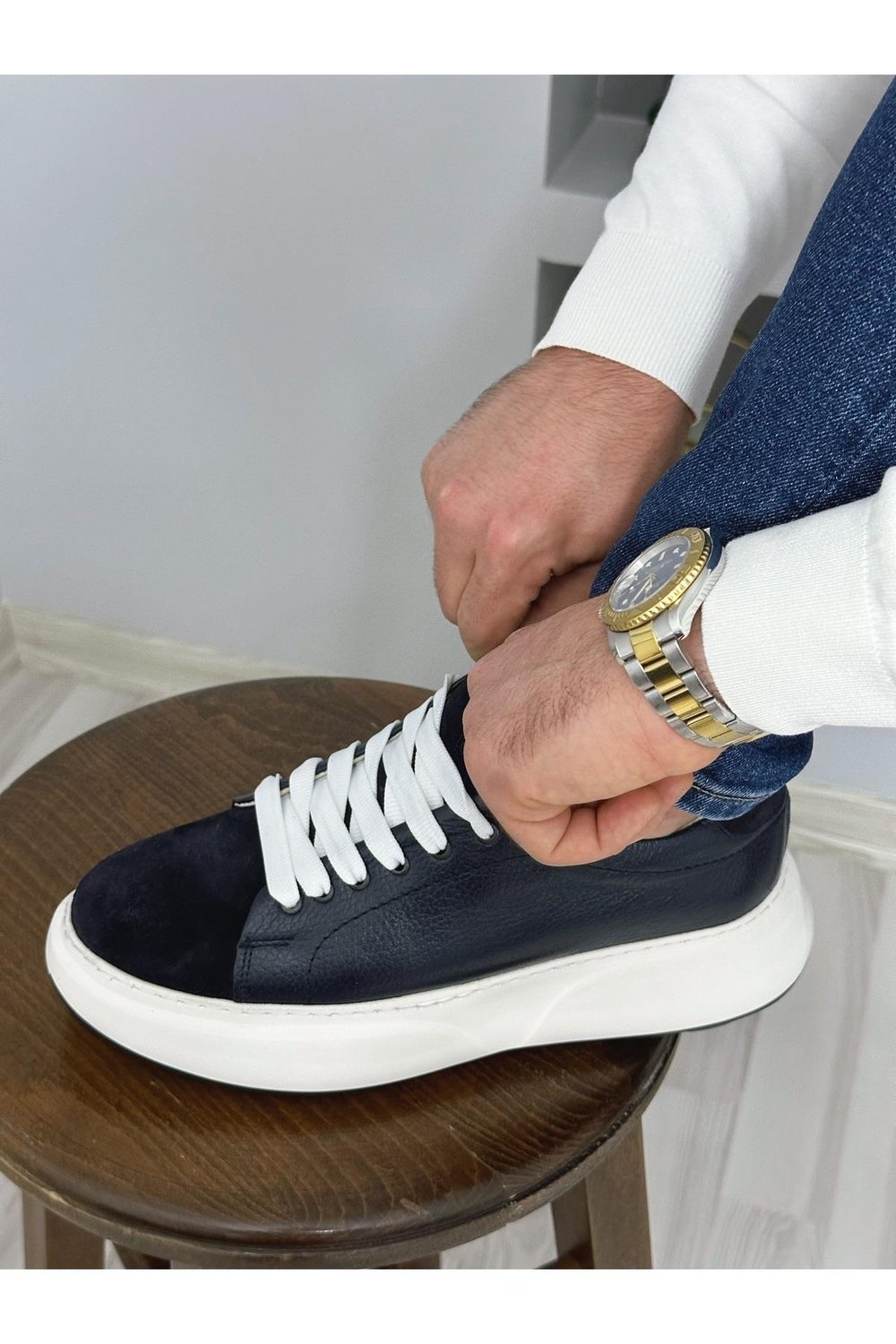 Lacivert Hakiki Deri Yüksek Taban Sneaker Erkek Ayakkabı