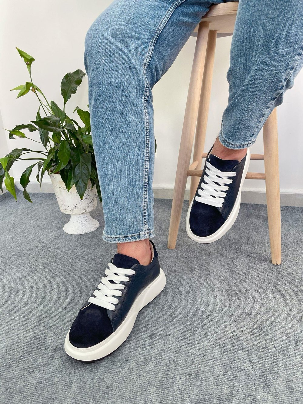 Lacivert Hakiki Deri Yüksek Taban Sneaker Erkek Ayakkabı
