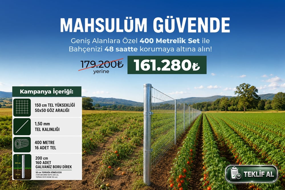 Mahsulüm Güvende 400 Metre Geniş Alan Koruma Seti (150 cm Tel + Galvaniz Direk)