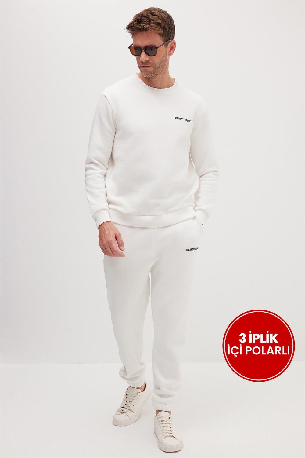 Erkek Relax Fit Pamuklu 3 İplik Yumuşak Dokulu İçi Polarlı Bisiklet Yaka Beyaz Eşofman Takımı
