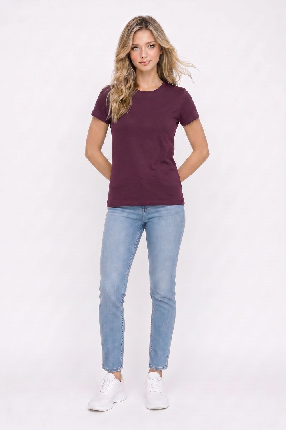Kadın Relax Fit Rahat Kesim Kısa Kollu Bisiklet Yaka Bordo Tişört