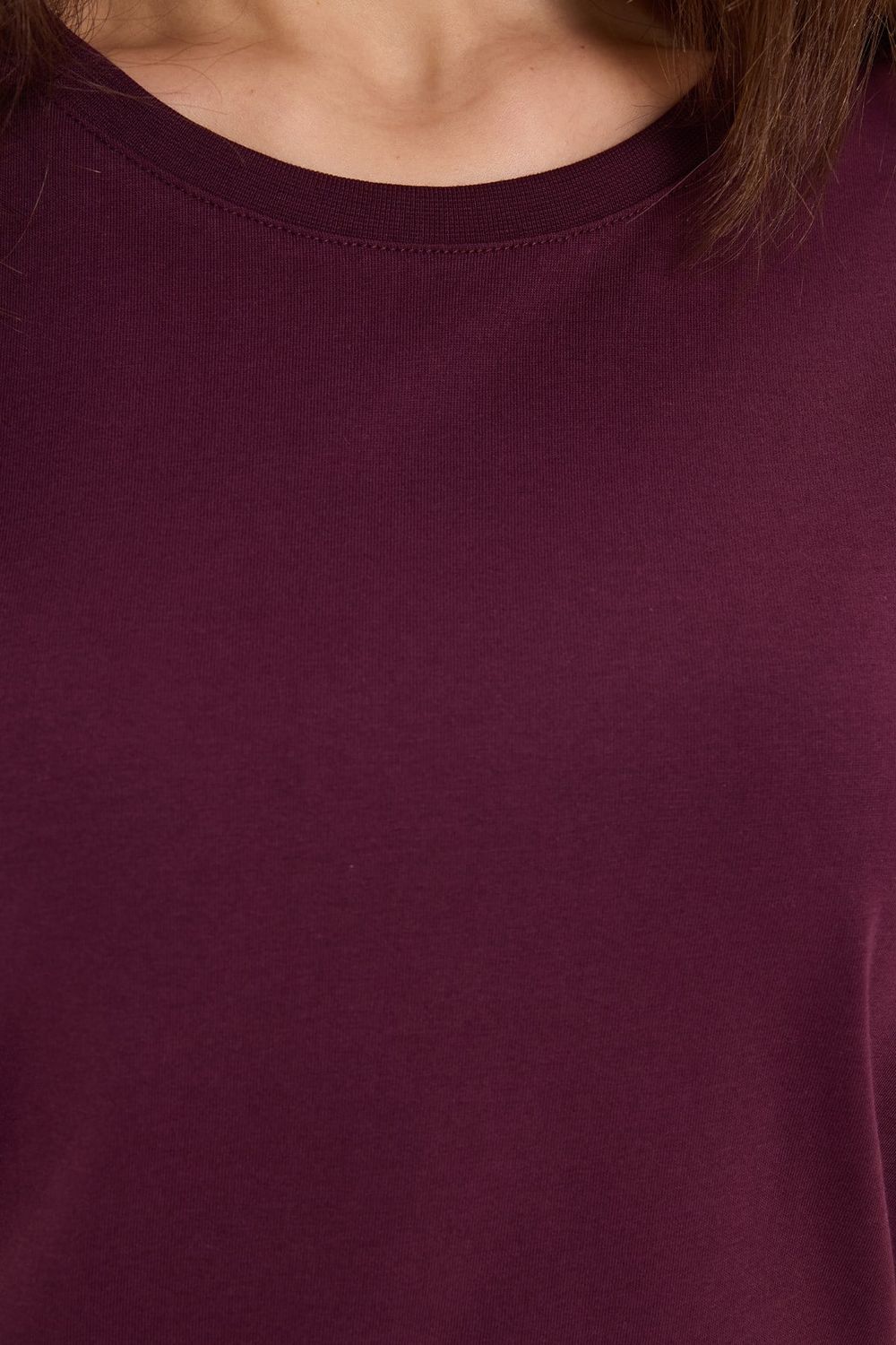 Kadın Relax Fit Rahat Kesim Kısa Kollu Bisiklet Yaka Bordo Tişört