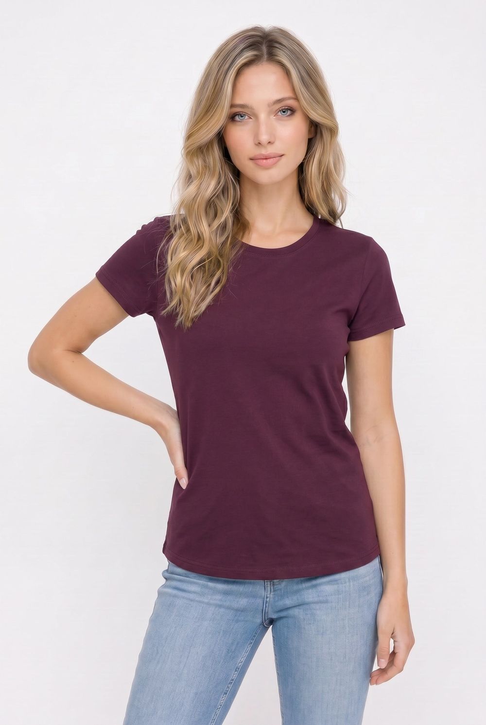 Kadın Relax Fit Rahat Kesim Kısa Kollu Bisiklet Yaka Bordo Tişört