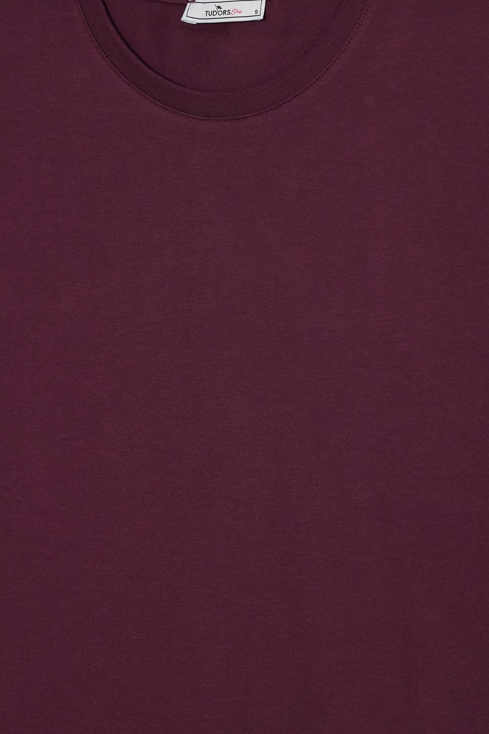 Kadın Relax Fit Rahat Kesim Kısa Kollu Bisiklet Yaka Bordo Tişört