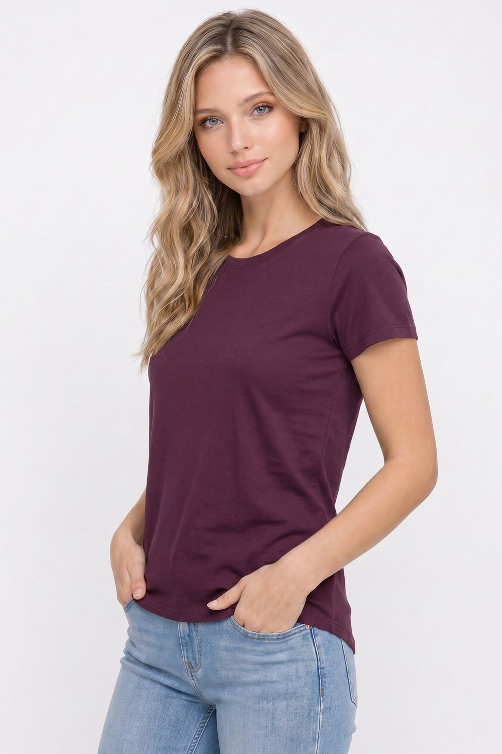 Kadın Relax Fit Rahat Kesim Kısa Kollu Bisiklet Yaka Bordo Tişört