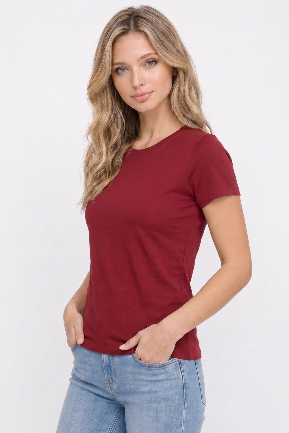 Kadın Relax Fit Rahat Kesim Kısa Kollu Bisiklet Yaka Bordo Tişört