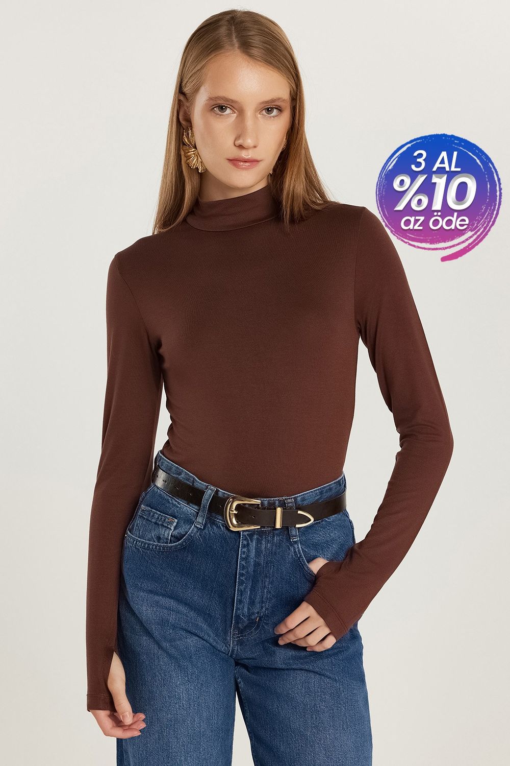 Kadın Regular Fit Klasik Kesim Viskon Kumaş Balıkçı Yaka Kahverengi Bluz 