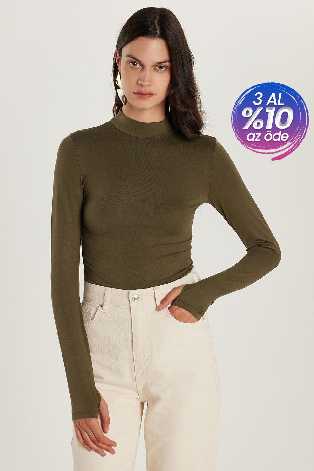 Kadın Regular Fit Klasik Kesim Viskon Kumaş Balıkçı Yaka Haki Bluz 