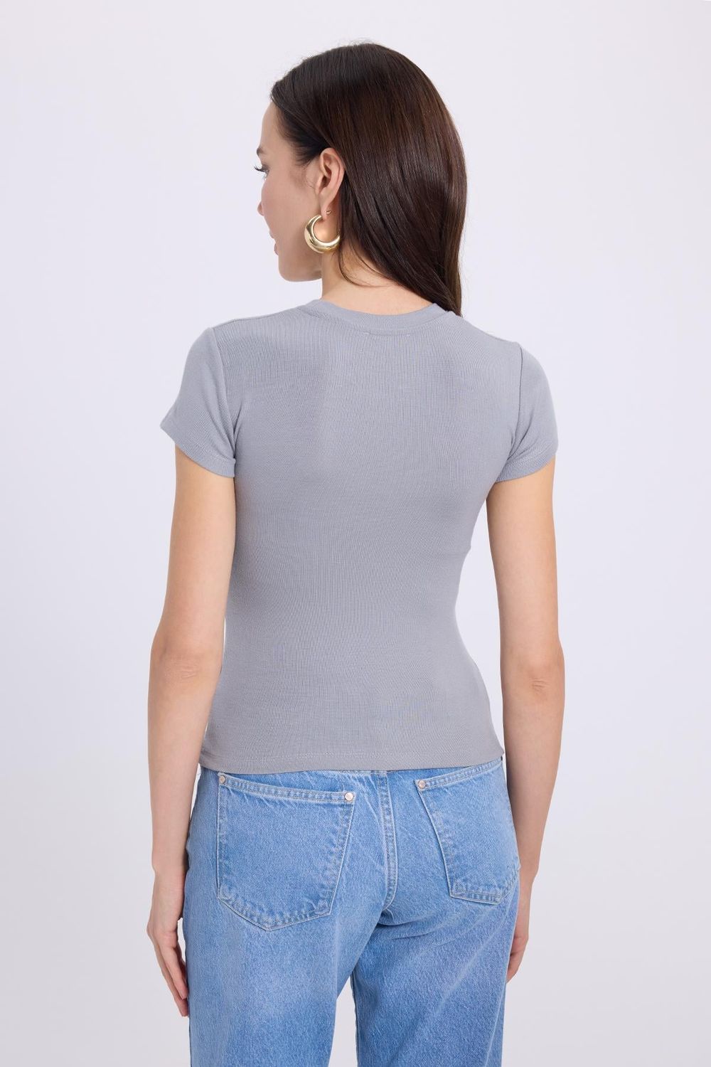Kadın Regular Fit Klasik Kesim Bisiklet Yaka Viskon Kumaş Ultra Soft Gri Tişört