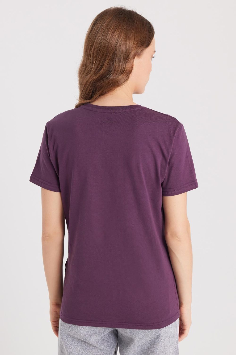 Kadın Slim Fit Dar Kesim %100 Pamuk Yumuşak Dokulu Mor Bisiklet Yaka Tişört