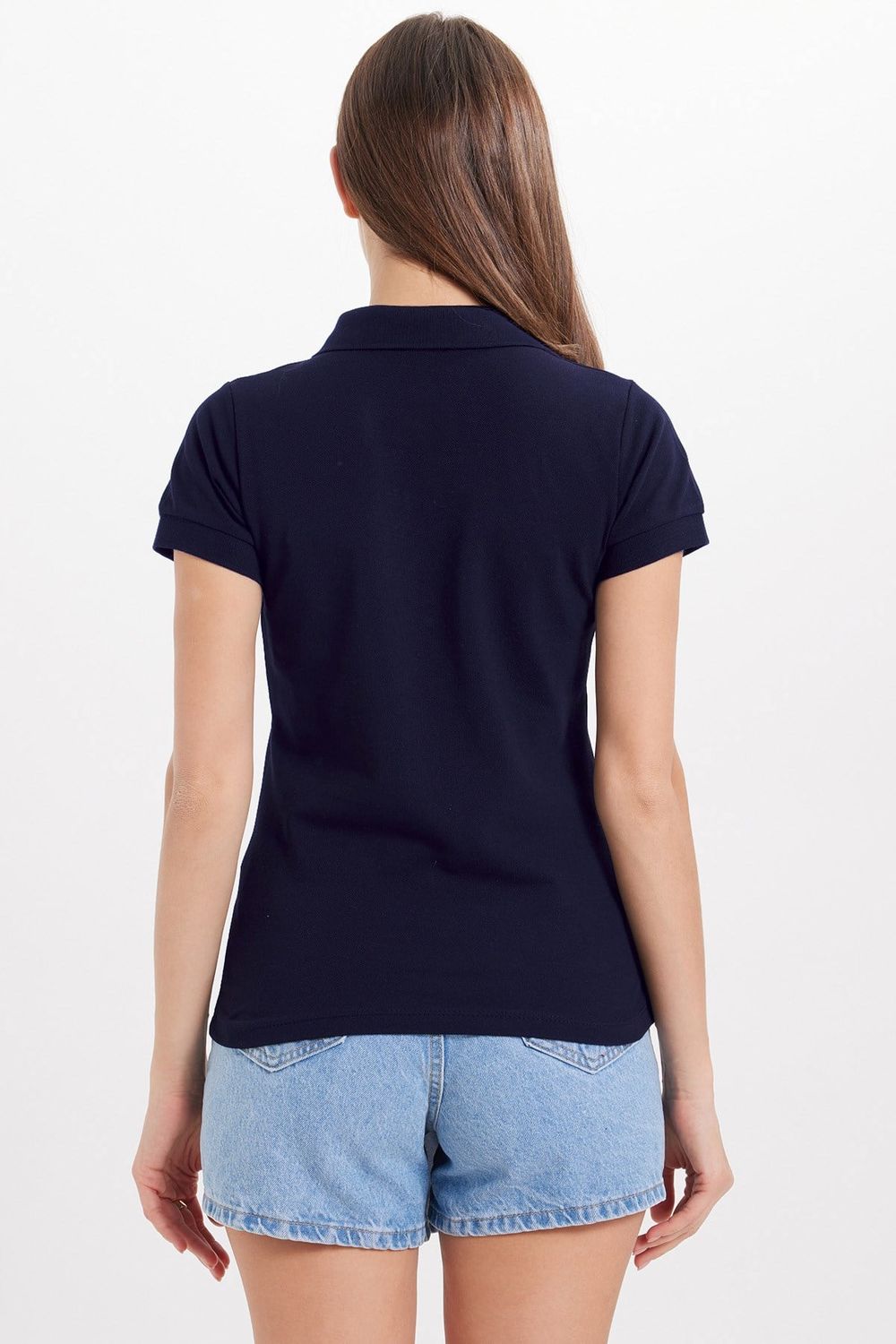 Kadın Slim Fit Dar Kesim %100 Pamuk Polo Yaka Lacivert Pike Tişört 
