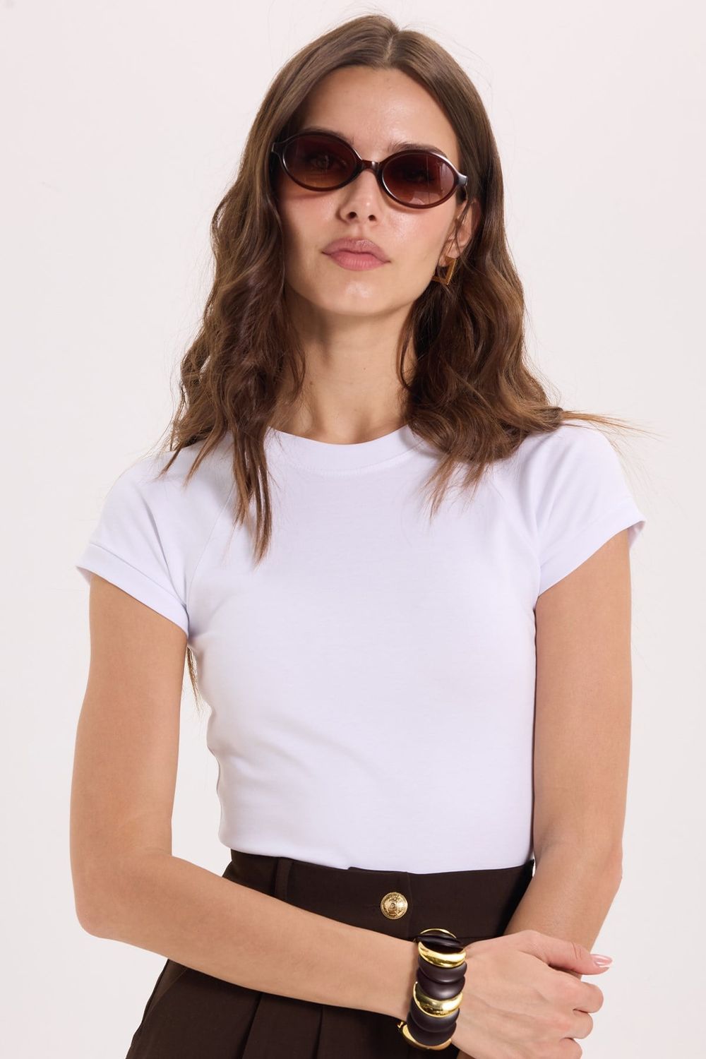 Kadın Slim Fit Dar Kesim Bisiklet Yaka Reglan Kol %100 Pamuk Beyaz Tişört Bluz