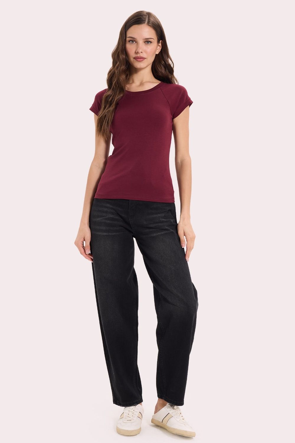 Kadın Slim Fit Dar Kesim Bisiklet Yaka Reglan Kol %100 Pamuk Bordo Tişört Bluz