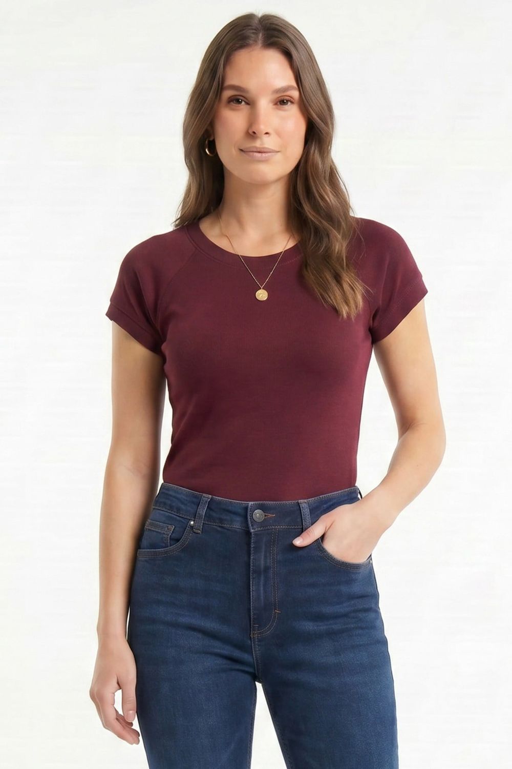 Slim Fit Dar Kesim Bisiklet Yaka Reglan Kol %100 Pamuk Bordo Tişört Bluz