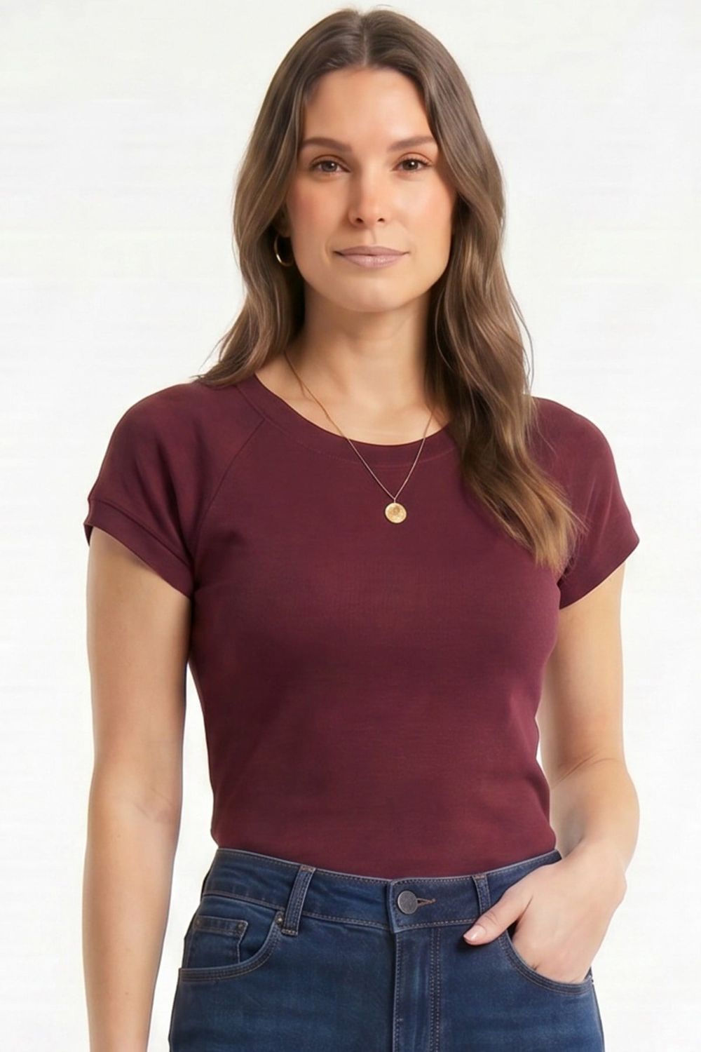 Slim Fit Dar Kesim Bisiklet Yaka Reglan Kol %100 Pamuk Bordo Tişört Bluz