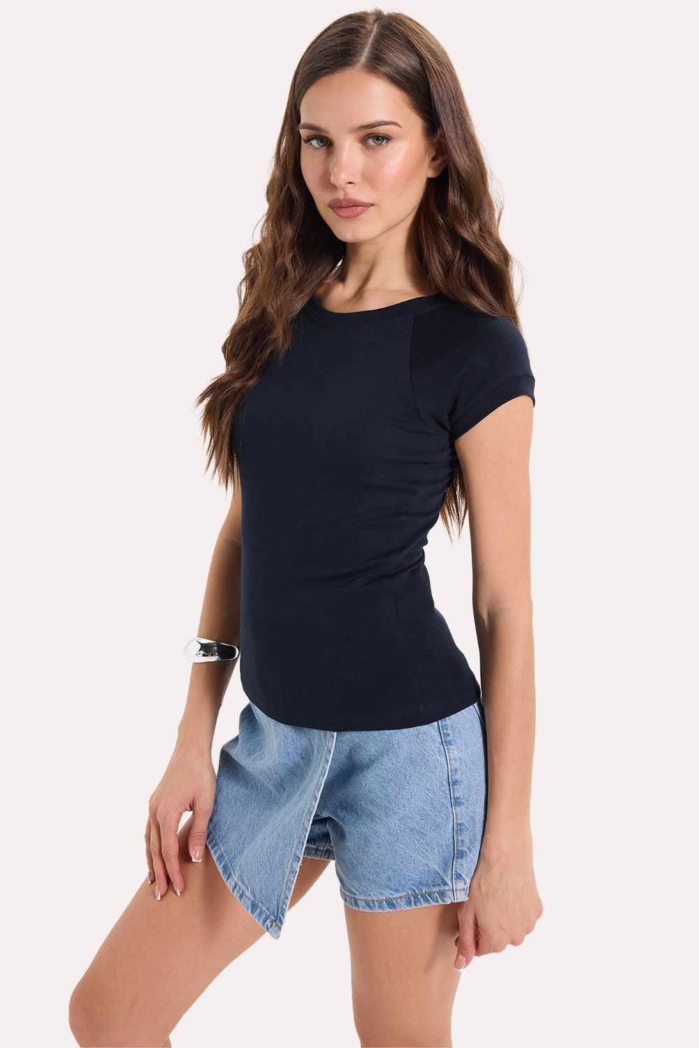 Kadın Slim Fit Dar Kesim Bisiklet Yaka Reglan Kol %100 Pamuk Lacivert Tişört Bluz