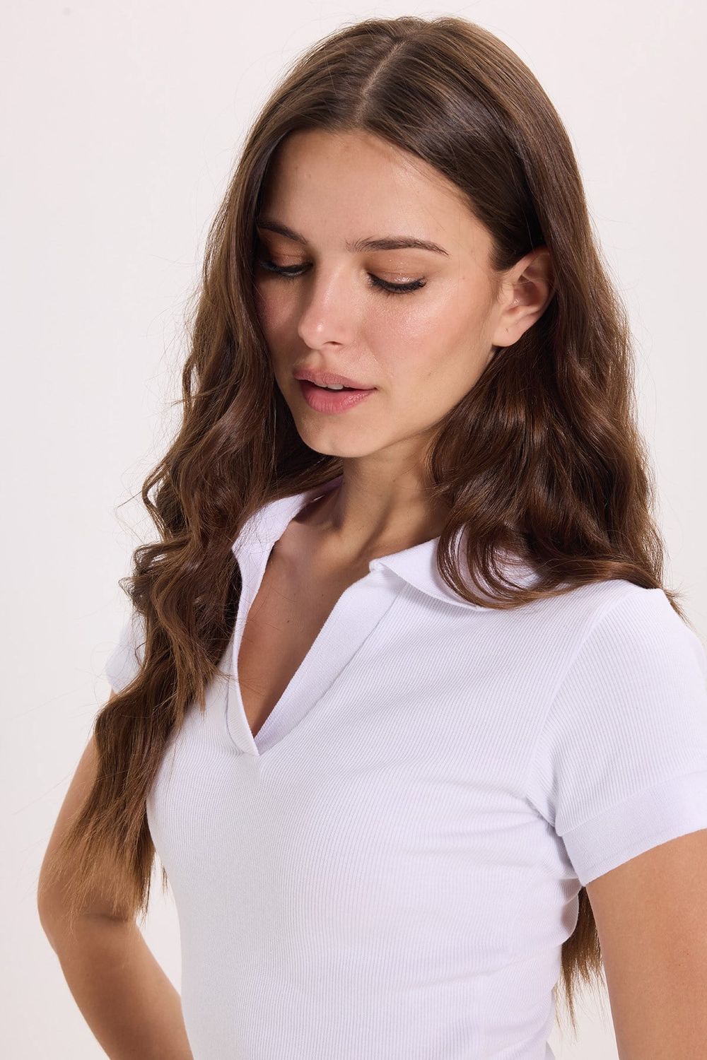 Kadın Slim Fit Dar Kesim Pamuklu Kısa Kollu Beyaz Polo Yaka Tişört