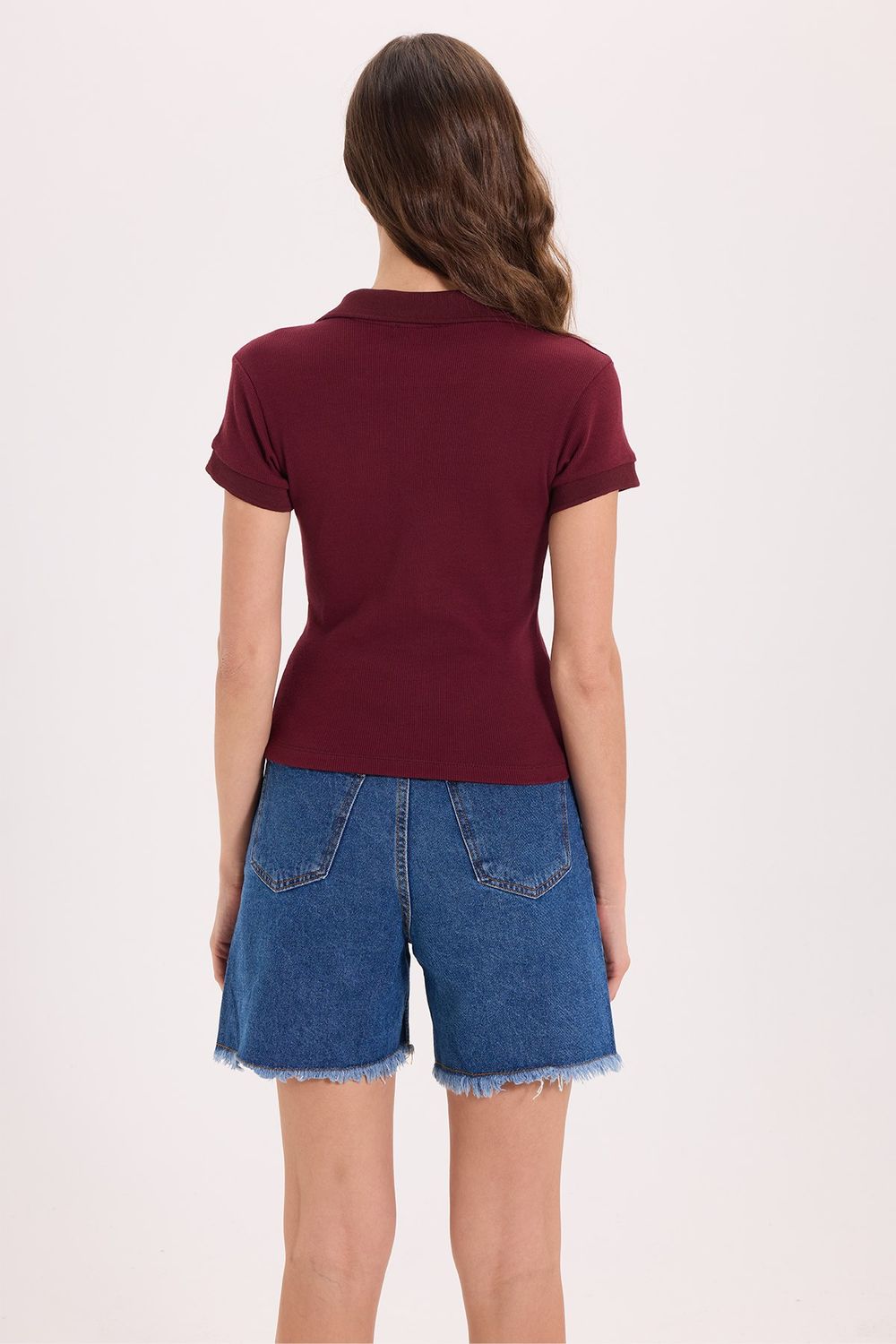 Kadın Slim Fit Dar Kesim Pamuklu Kısa Kollu Bordo Polo Yaka Tişört