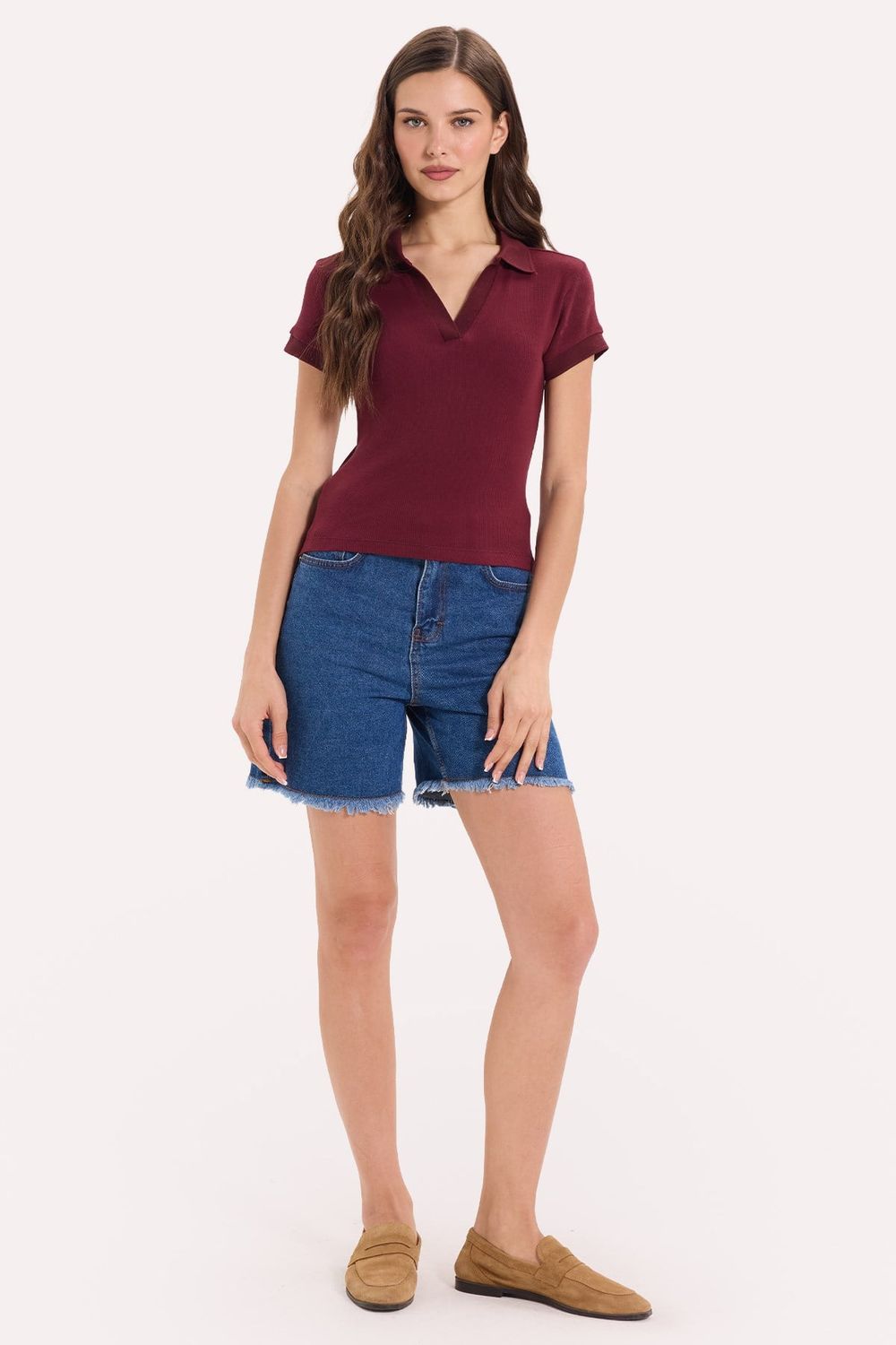 Kadın Slim Fit Dar Kesim Pamuklu Kısa Kollu Bordo Polo Yaka Tişört