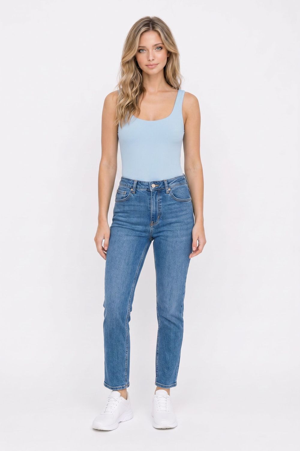 Kadın Slim Fit Dar Kesim Askılı Kare Yaka Sırtı Açık Sandy Kumaş Çıtçıtlı Mavi Body