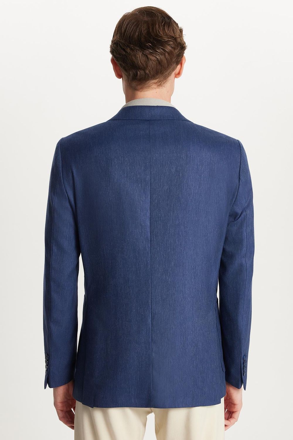 Erkek Slim Fit Mono Yaka Çift Yırtmaçlı Casual İndigo Tek Ceket