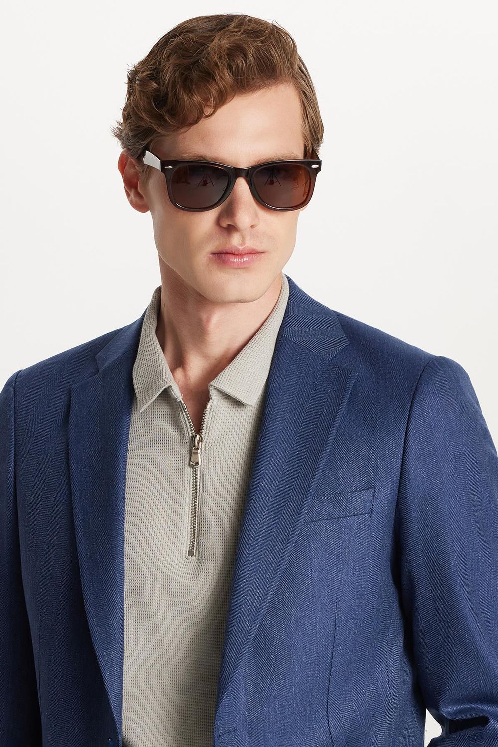 Erkek Slim Fit Mono Yaka Çift Yırtmaçlı Casual İndigo Tek Ceket