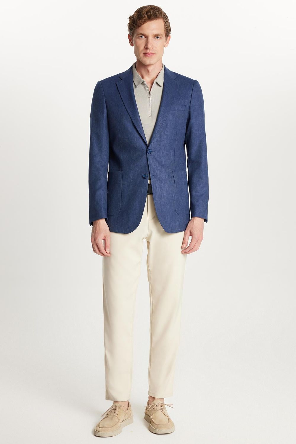 Erkek Slim Fit Mono Yaka Çift Yırtmaçlı Casual İndigo Tek Ceket