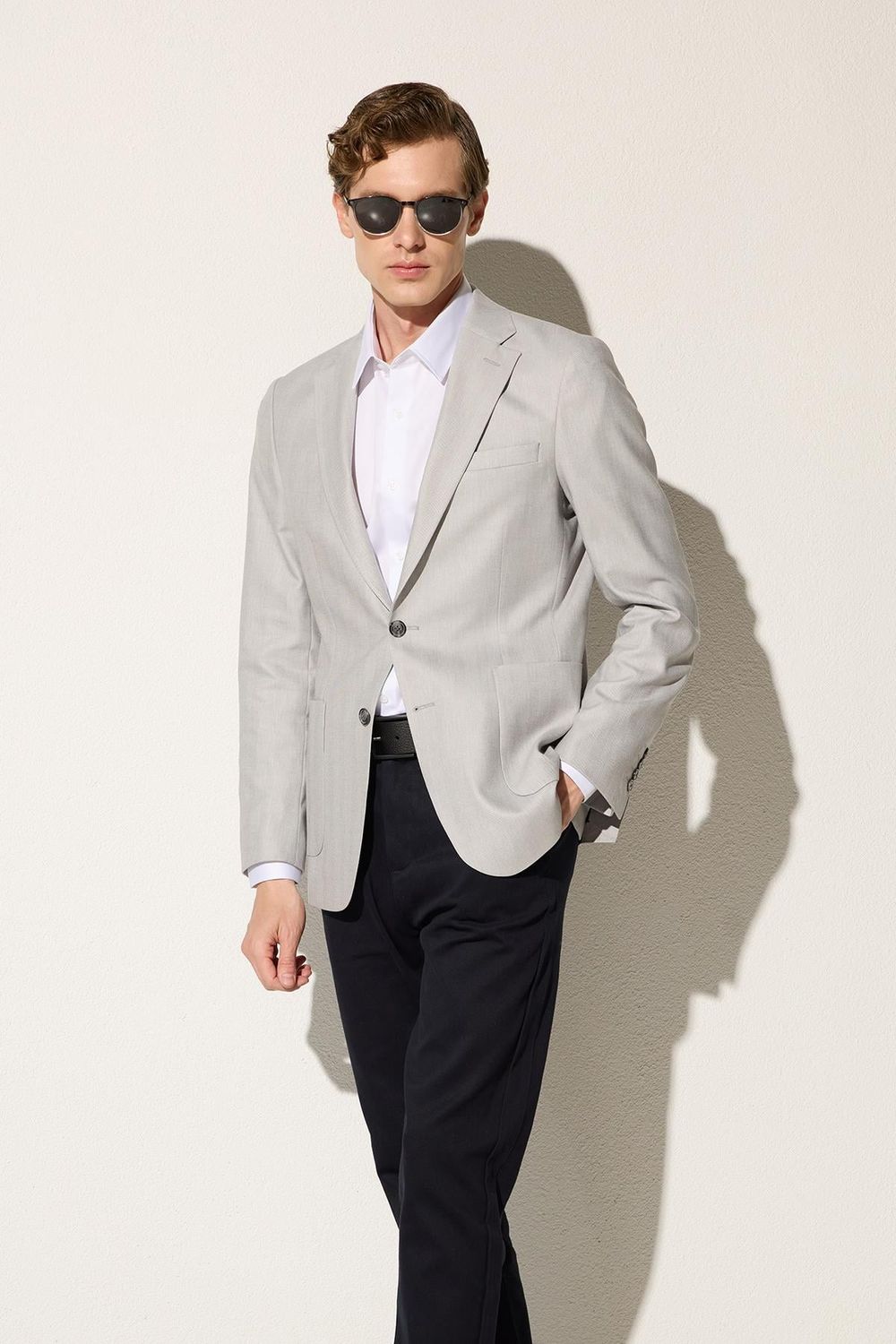 Erkek Slim Fit Mono Yaka Çift Yırtmaçlı Casual Gri Tek Ceket