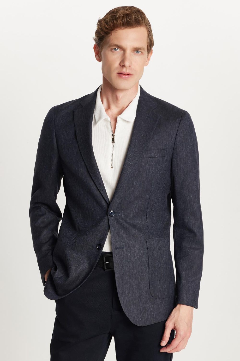 Erkek Slim Fit Mono Yaka Çift Yırtmaçlı Casual Lacivert Tek Ceket