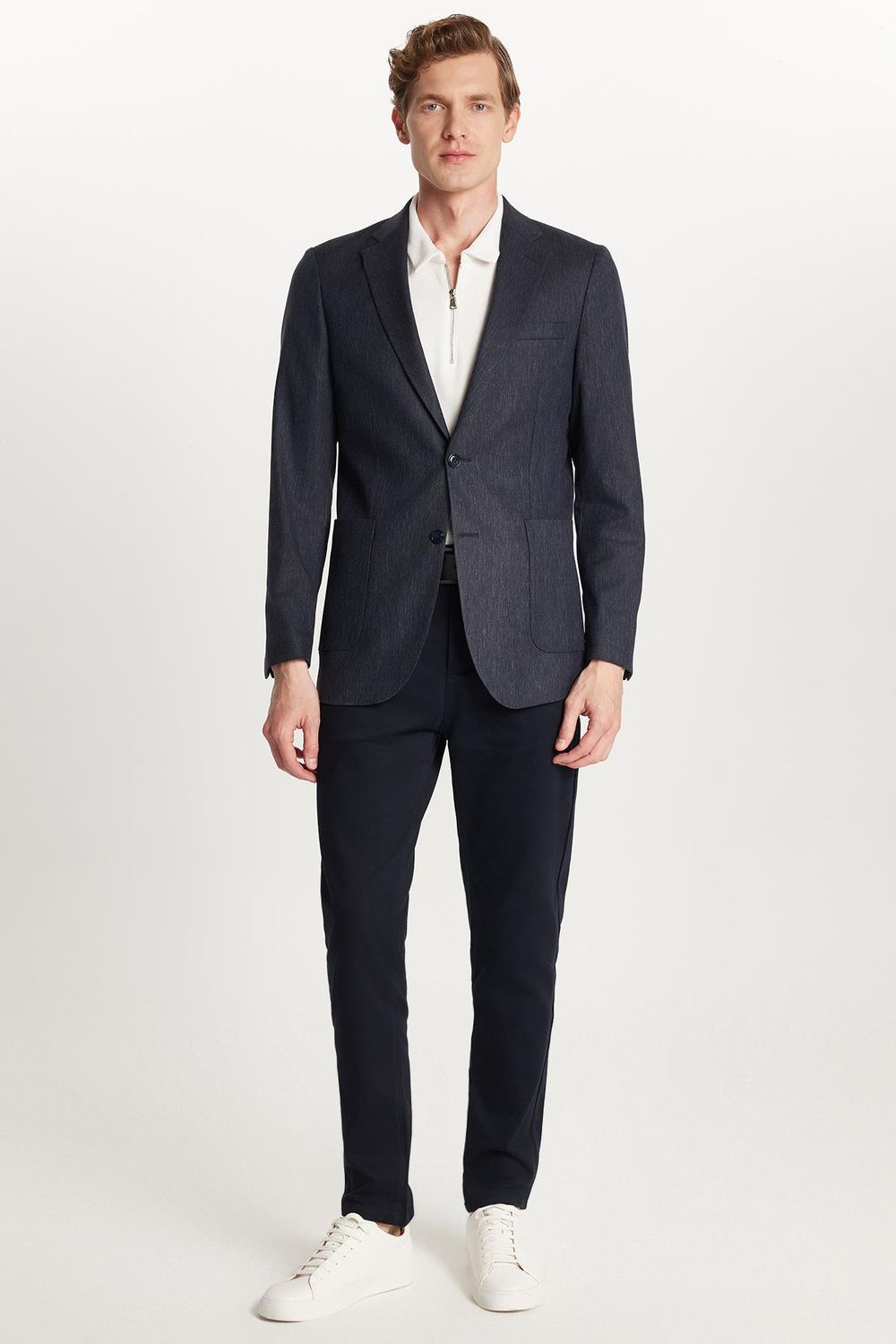 Erkek Slim Fit Mono Yaka Çift Yırtmaçlı Casual Lacivert Tek Ceket