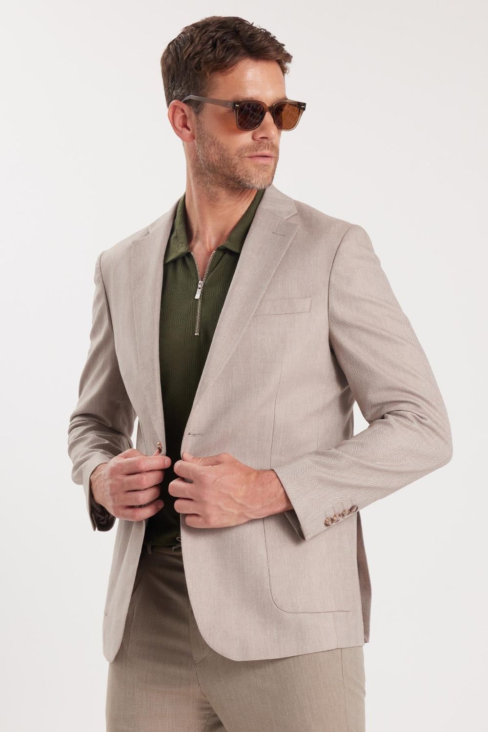 Erkek Slim Fit Mono Yaka Çift Yırtmaçlı Casual Bej Tek Ceket