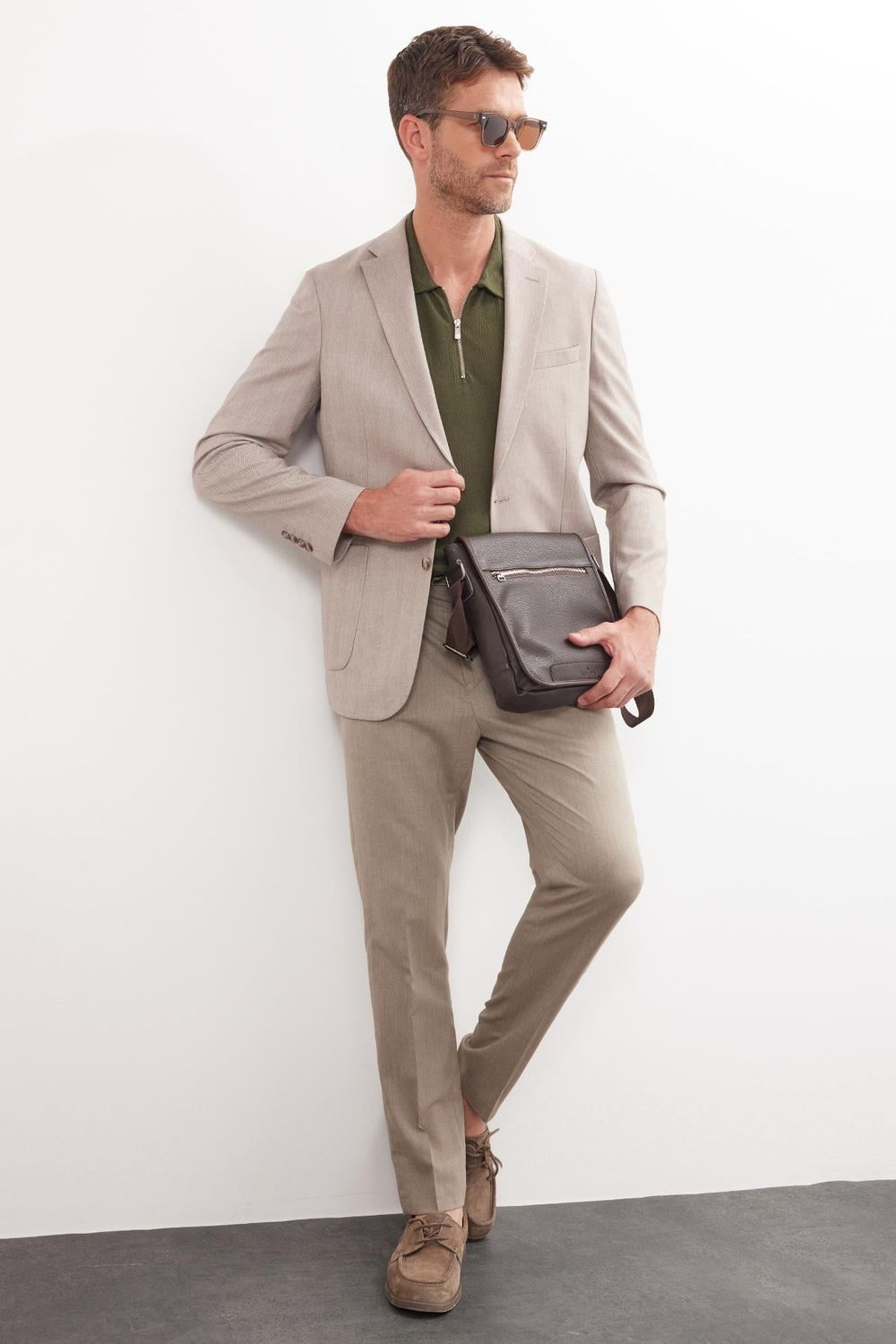 Erkek Slim Fit Mono Yaka Çift Yırtmaçlı Casual Bej Tek Ceket