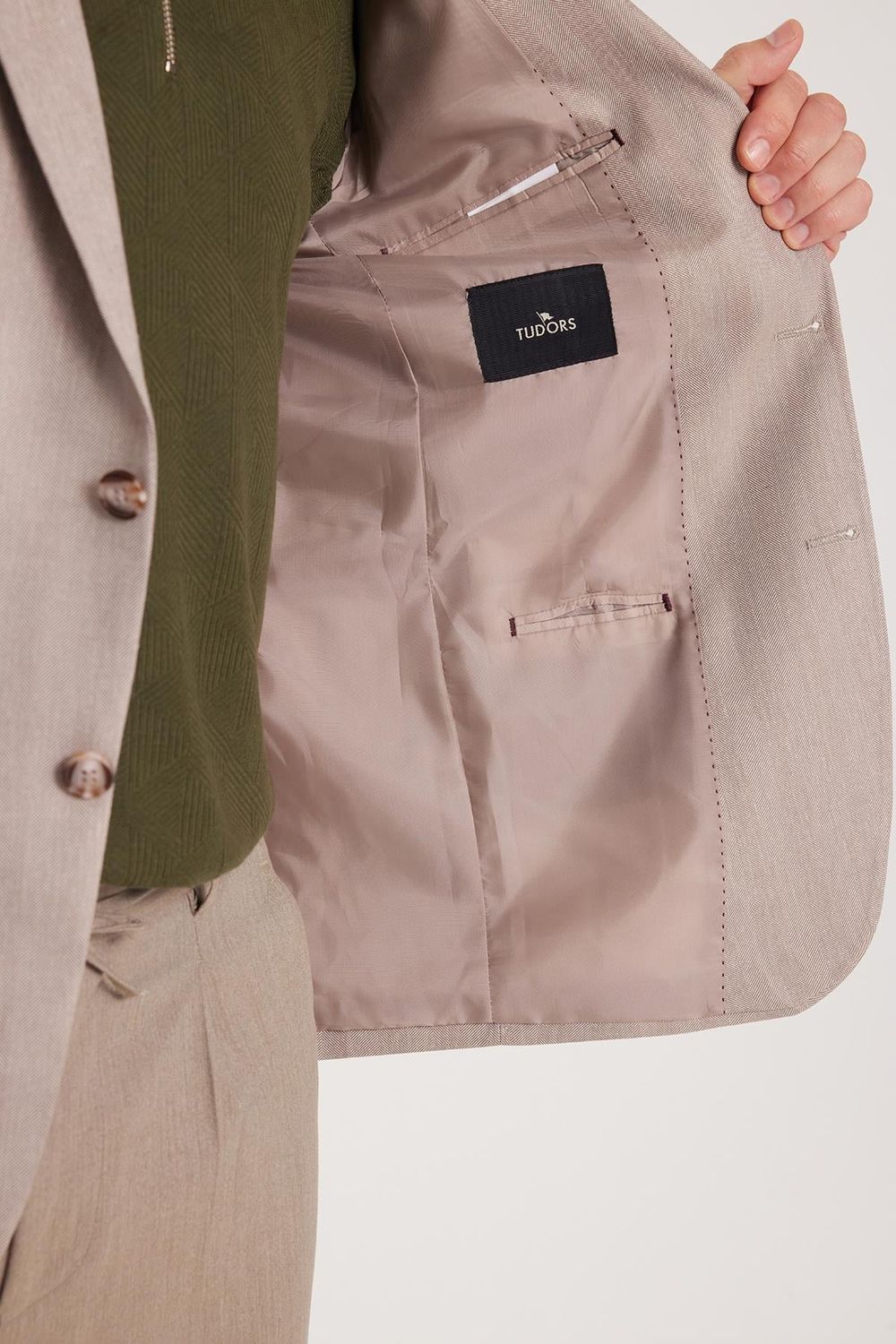 Erkek Slim Fit Mono Yaka Çift Yırtmaçlı Casual Bej Tek Ceket